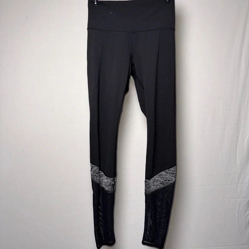 Lululemon Black Mesh Panel High Rise Leggings Size 8 Heathered‎ Grey Trim Yoga